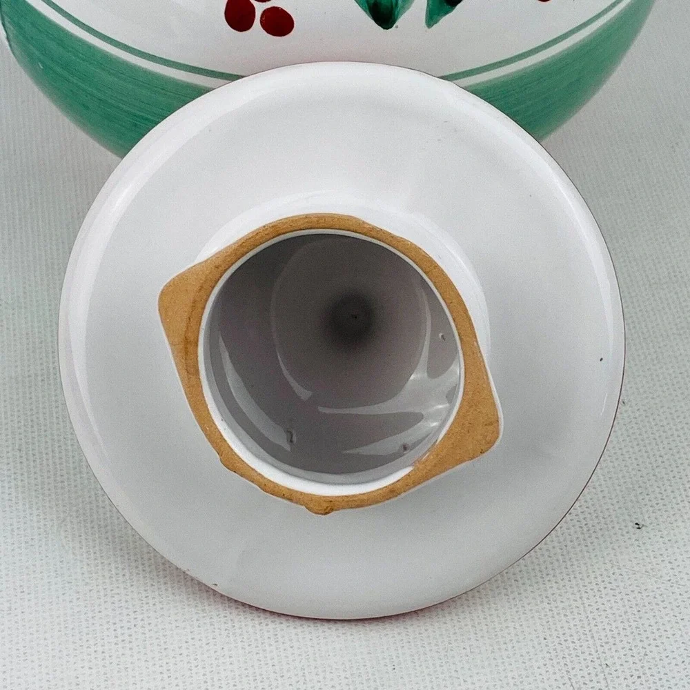 Caleca Teapot Red Berries Trim Green Leaves Band Stripe White Hand Painted Italy